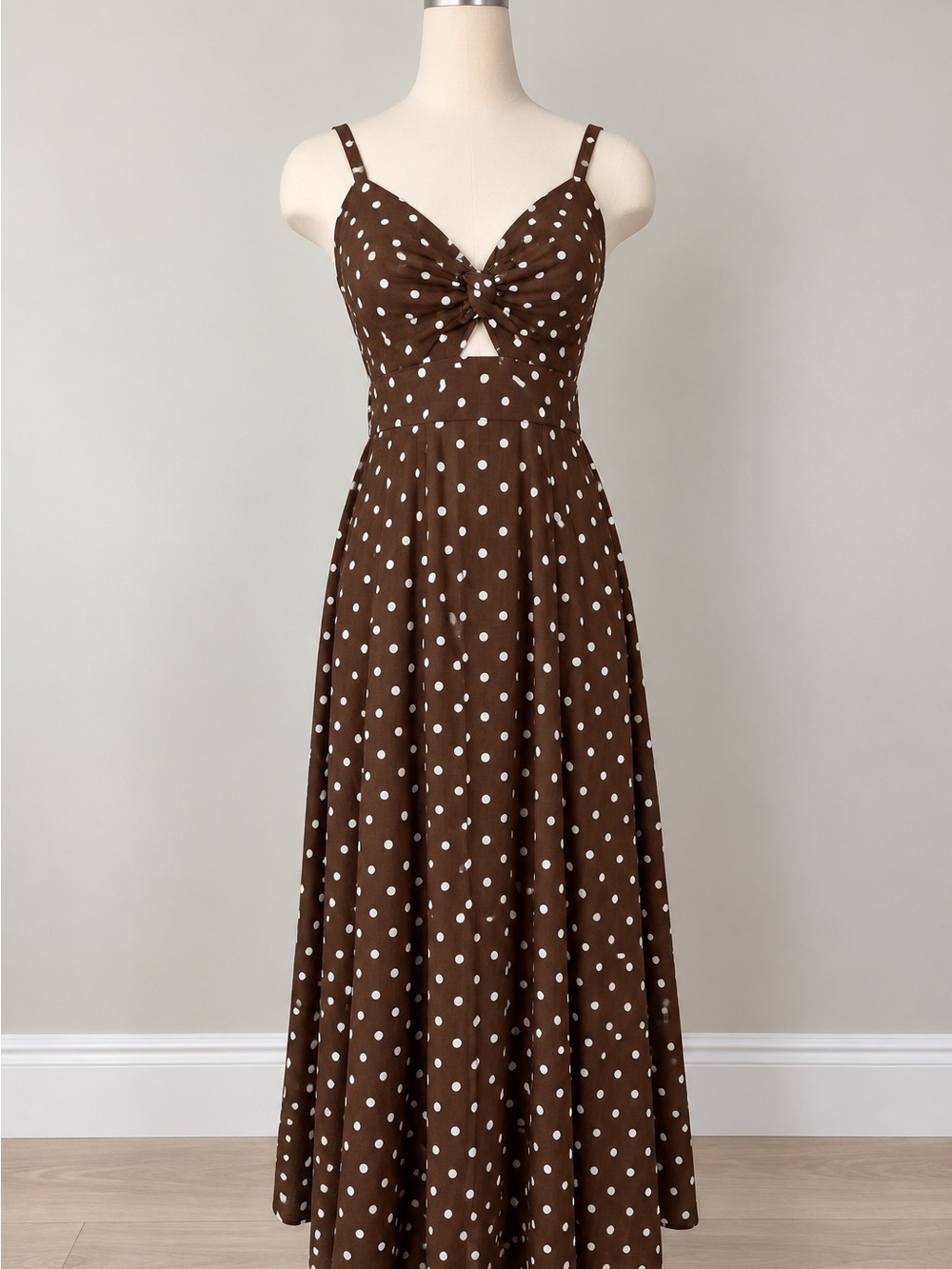 1.STATE Linen Blend Cutout Brown and White Polka Dot Summer Dress Resortwear